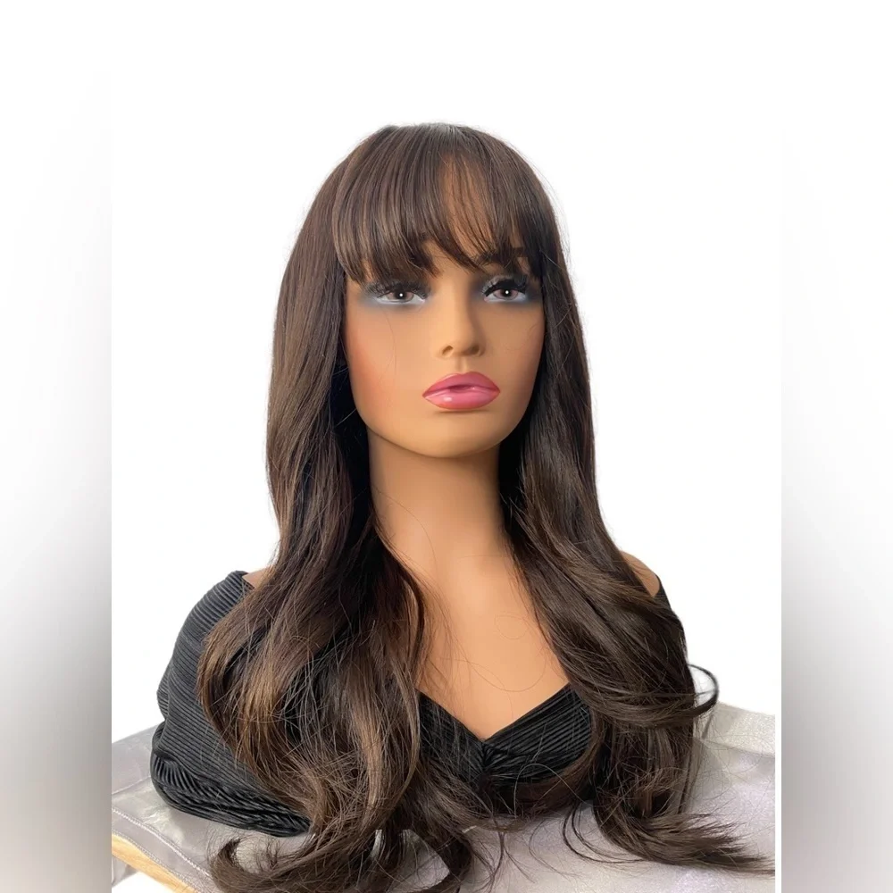 Chocolate Brown Wavy Long Wig with bangs 26”